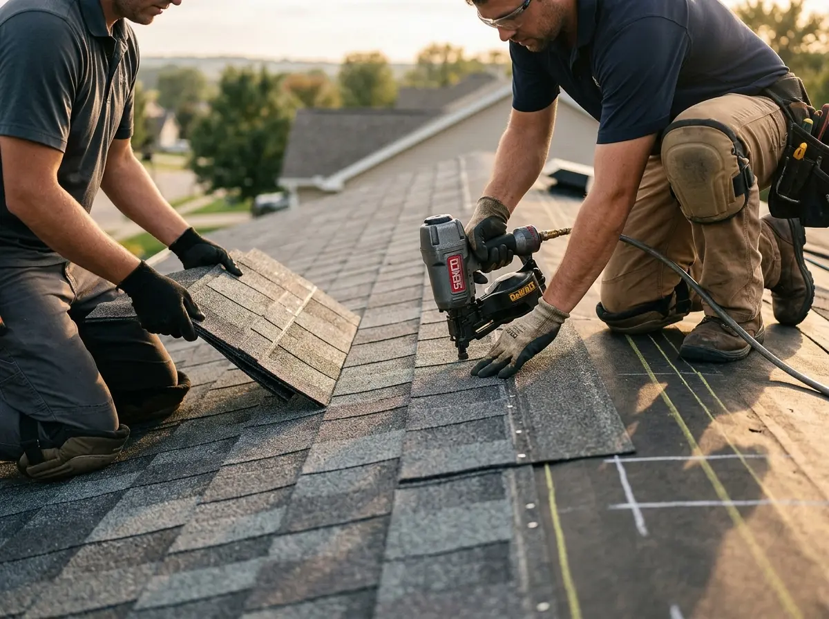 Professional roofer working on a residential roof in Sodus